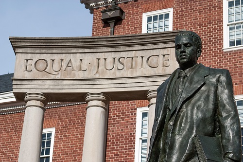 statue of Marshal in front of words Equal Justice